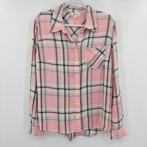 Style & Co Womens Pink Preppy Plaid Button Down Shirt Long Sleeve Rayon Top Sz M